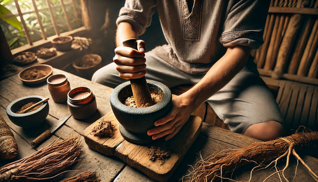 A person grinding kava roots